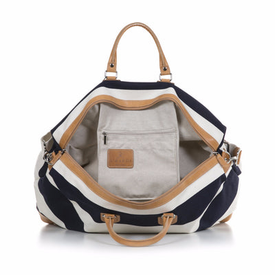 Navy and White Stripe Canvas and Vegetable Tanned Leather Weekender