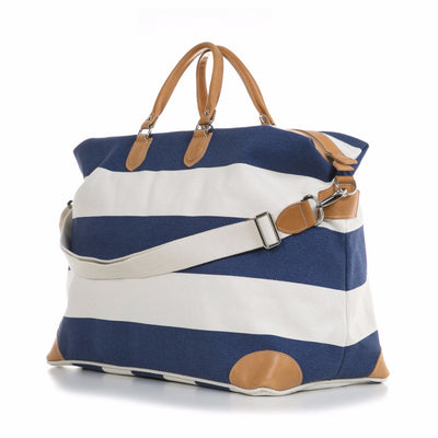 Azure and White Stripe Canvas and Vegetable Tanned Leather Weekender