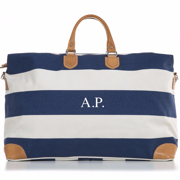 Azure and White Stripe Canvas and Vegetable Tanned Leather Weekender