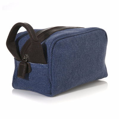 Denim Blue Washed Canvas and Pebble Leather Shaving Bag