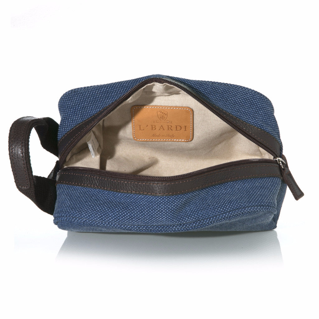 Denim Blue Washed Canvas and Pebble Leather Shaving Bag