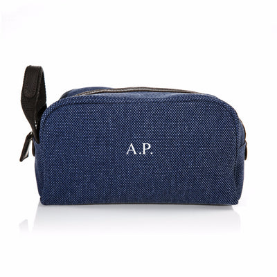 Denim Blue Washed Canvas and Pebble Leather Shaving Bag