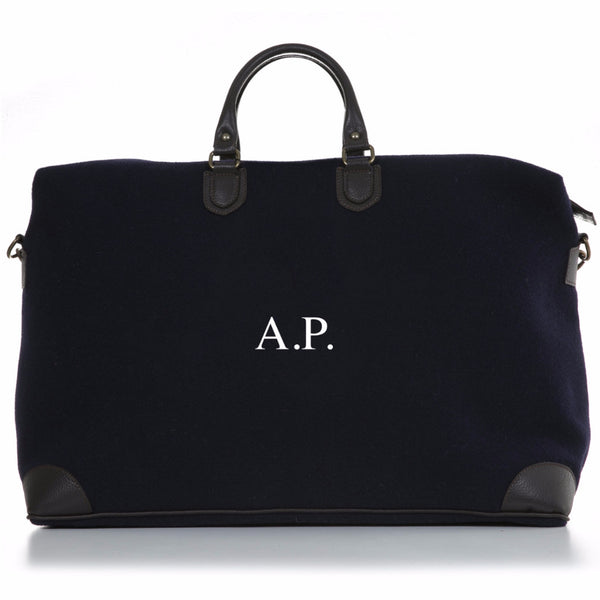 Navy Wool Felt and Pebble Leather Weekender