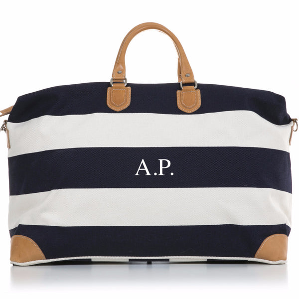 Navy and White Stripe Canvas and Vegetable Tanned Leather Weekender