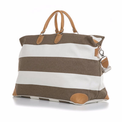 Tan and White Stripe Canvas and Vegetable Tanned Leather Weekender