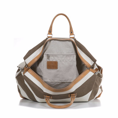 Tan and White Stripe Canvas and Vegetable Tanned Leather Weekender