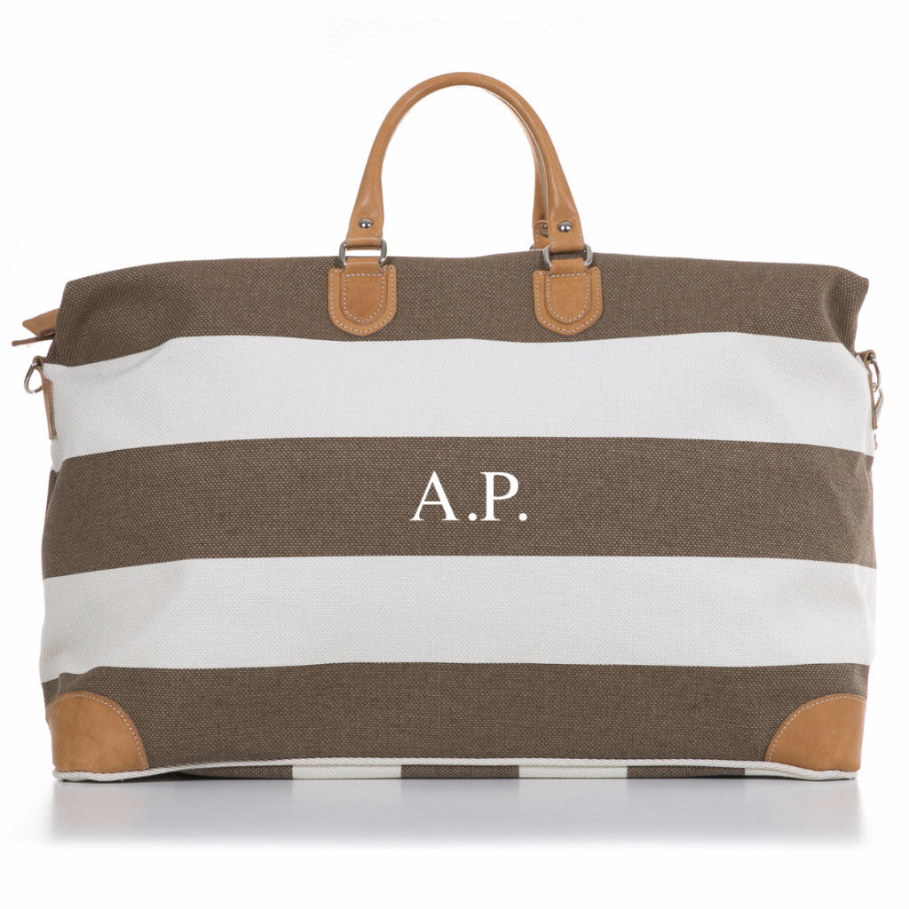 Tan and White Stripe Canvas and Vegetable Tanned Leather Weekender